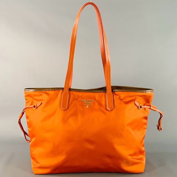 PRADA Orange Gold Saffiano Nylon Leather Trim Tote Handbag - Picture 1 of 12